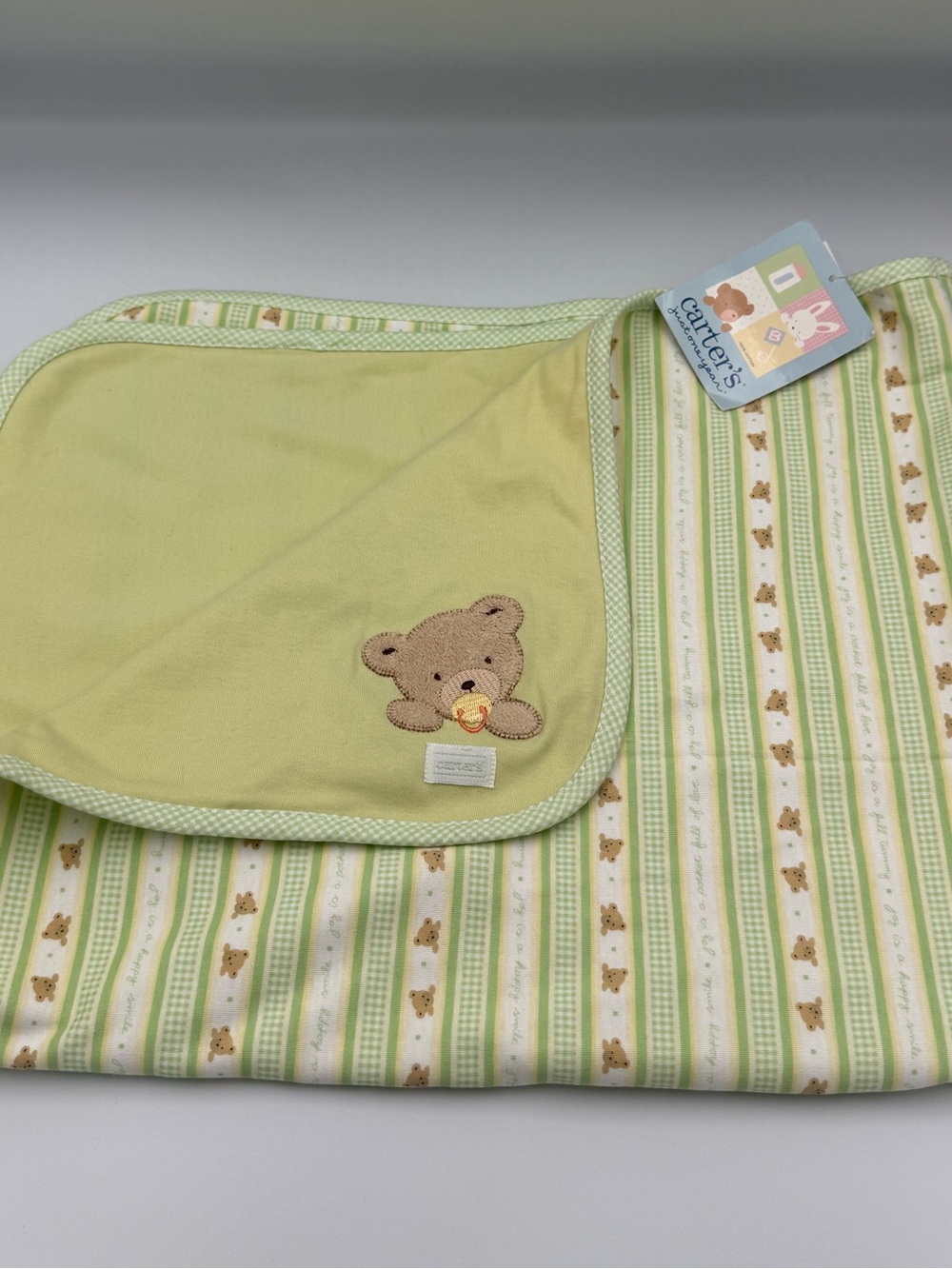 NWT Vintage Carters Baby Bear Blanket Lovey Receiving Blanket Embroidered Green